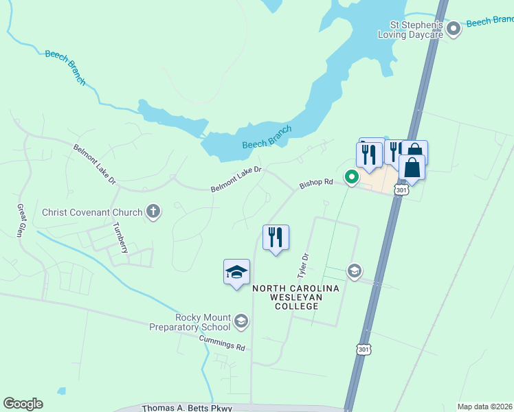 map of restaurants, bars, coffee shops, grocery stores, and more near 503 Woods Walk Lane in Rocky Mount