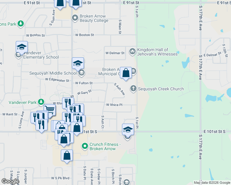map of restaurants, bars, coffee shops, grocery stores, and more near 2908 South Ash Avenue in Broken Arrow