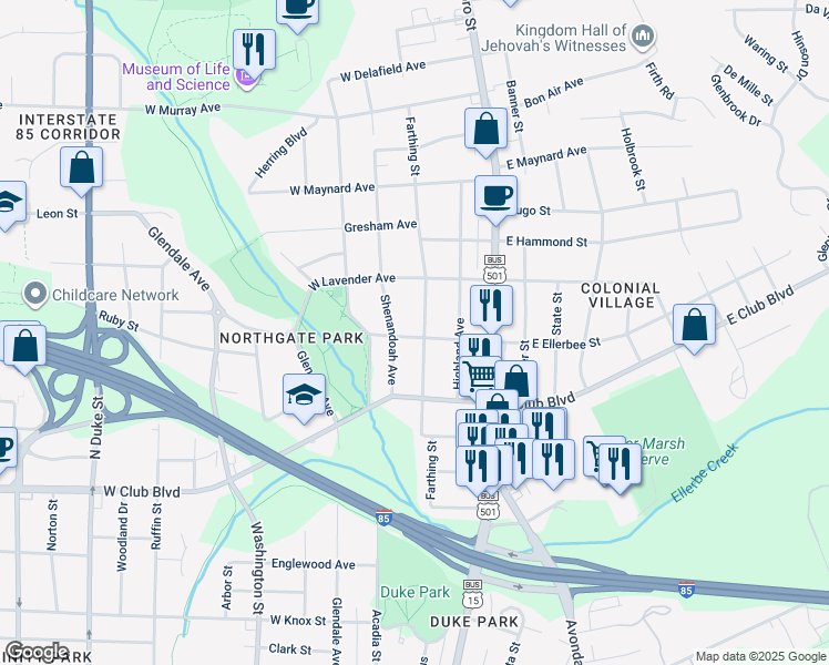 map of restaurants, bars, coffee shops, grocery stores, and more near 2501 Farthing Street in Durham