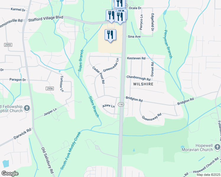 map of restaurants, bars, coffee shops, grocery stores, and more near 2008 Cedar Post Court in Winston-Salem