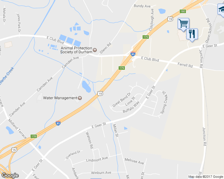 map of restaurants, bars, coffee shops, grocery stores, and more near 10 Frinton Place in Durham