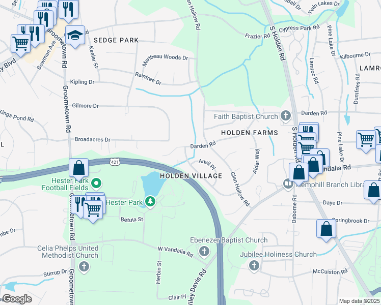 map of restaurants, bars, coffee shops, grocery stores, and more near 3417 Darden Road in Greensboro