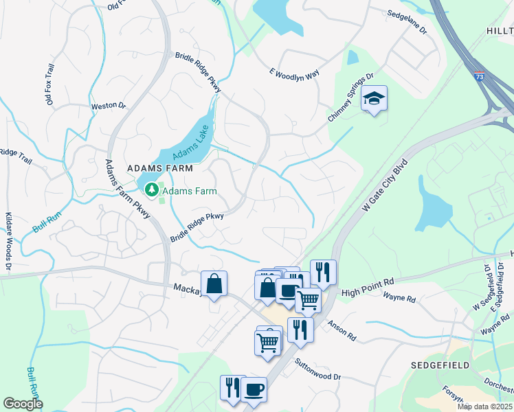 map of restaurants, bars, coffee shops, grocery stores, and more near 3 Creekstone Court in Greensboro