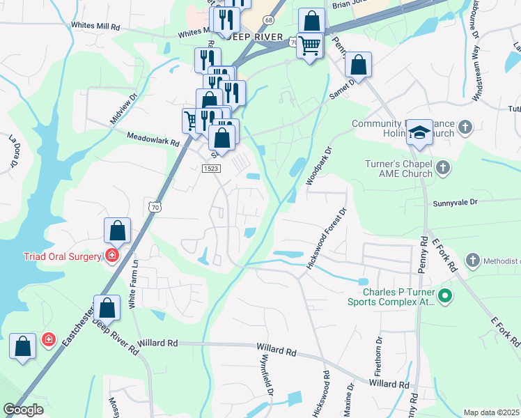 map of restaurants, bars, coffee shops, grocery stores, and more near 3735 Spanish Peak Drive in High Point