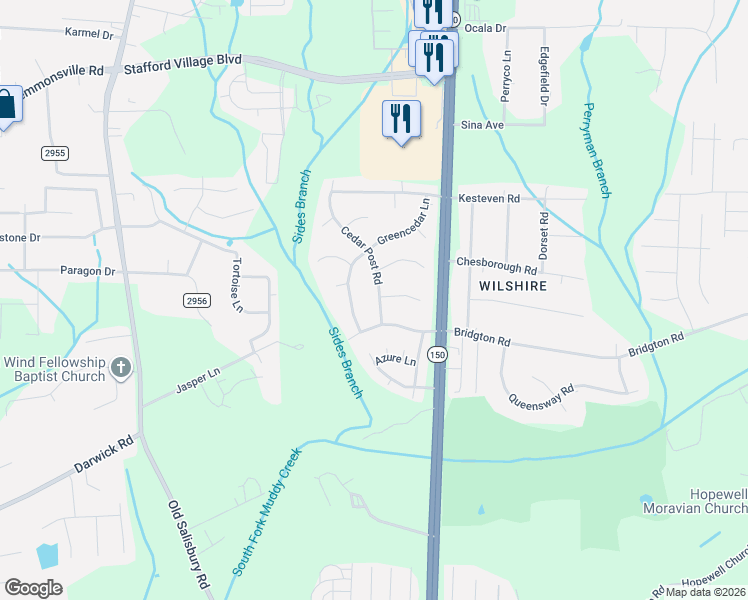 map of restaurants, bars, coffee shops, grocery stores, and more near 3545 Cedar Post Road in Winston-Salem