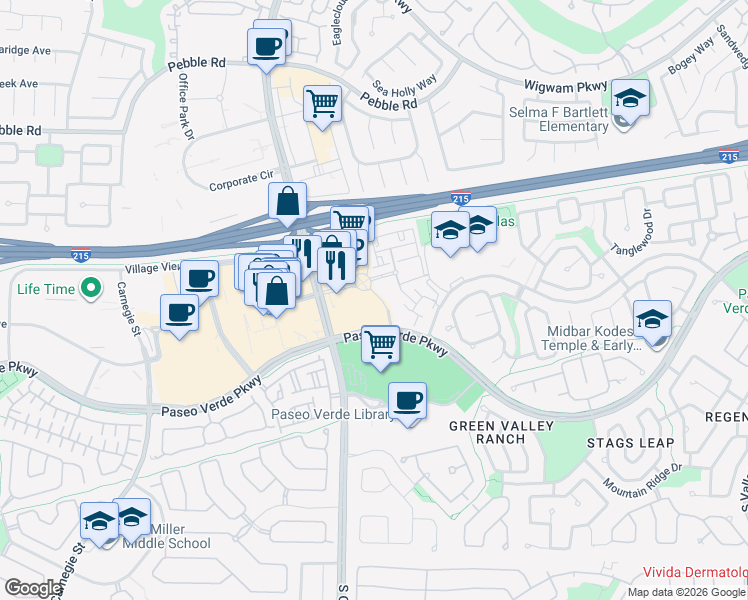 map of restaurants, bars, coffee shops, grocery stores, and more near 190 South Green Valley Parkway in Henderson