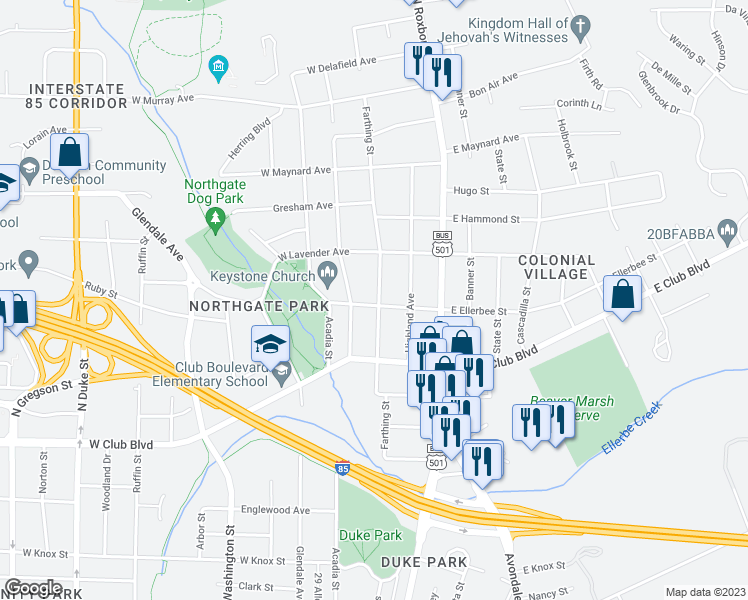 map of restaurants, bars, coffee shops, grocery stores, and more near 2501 Farthing Street in Durham