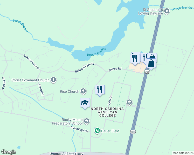 map of restaurants, bars, coffee shops, grocery stores, and more near 520 Woods Walk Lane in Rocky Mount