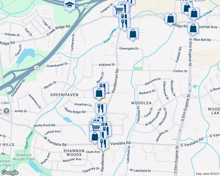 map of restaurants, bars, coffee shops, grocery stores, and more near in Greensboro