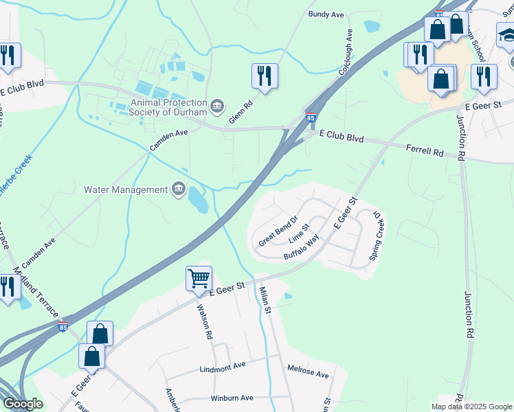 map of restaurants, bars, coffee shops, grocery stores, and more near 10 Frinton Place in Durham