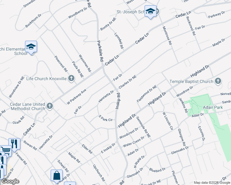 map of restaurants, bars, coffee shops, grocery stores, and more near 5107 Inskip Road in Knoxville
