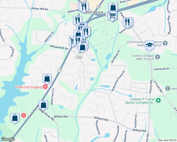 map of restaurants, bars, coffee shops, grocery stores, and more near 3705 Spanish Peak Drive in High Point