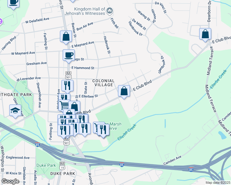 map of restaurants, bars, coffee shops, grocery stores, and more near 2405 Stephenson Street in Durham