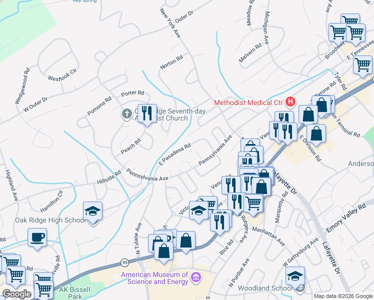 map of restaurants, bars, coffee shops, grocery stores, and more near 112 East Pasadena Road in Oak Ridge