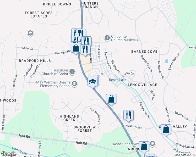 map of restaurants, bars, coffee shops, grocery stores, and more near 8047 Bienville Drive in Nashville