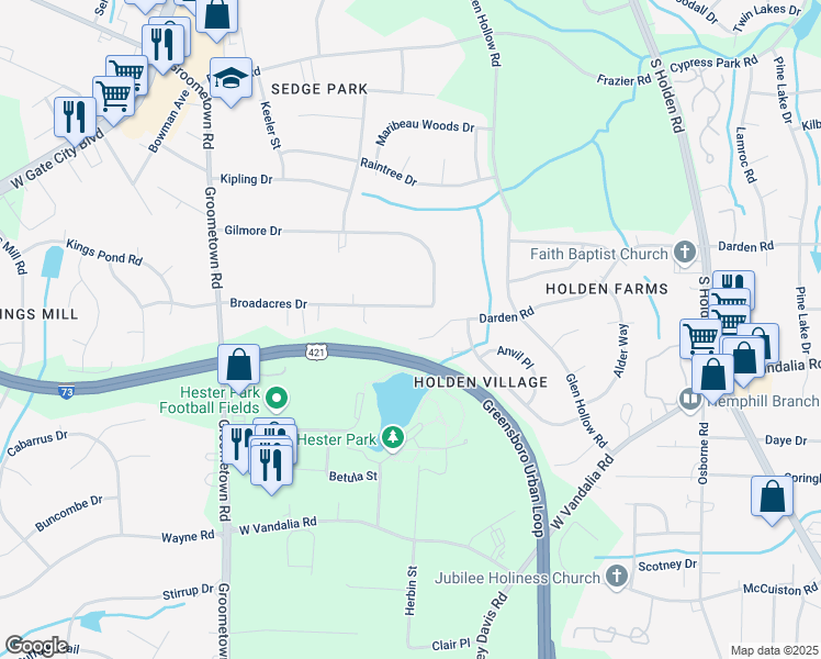 map of restaurants, bars, coffee shops, grocery stores, and more near 3805 Broadacres Drive in Greensboro