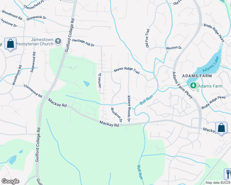map of restaurants, bars, coffee shops, grocery stores, and more near 3110 Brookrun Drive in Jamestown