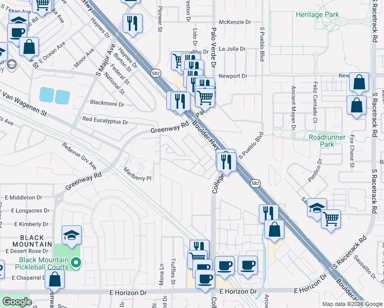map of restaurants, bars, coffee shops, grocery stores, and more near 901 South Boulder Highway in Henderson