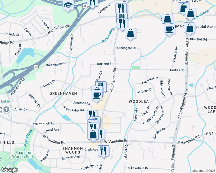 map of restaurants, bars, coffee shops, grocery stores, and more near in Greensboro