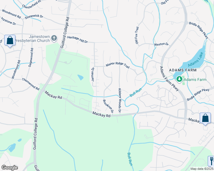 map of restaurants, bars, coffee shops, grocery stores, and more near 3110 Brookrun Drive in Jamestown