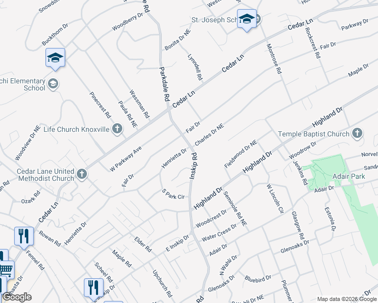 map of restaurants, bars, coffee shops, grocery stores, and more near 5107 Inskip Road in Knoxville