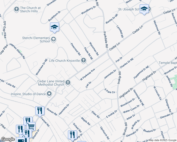 map of restaurants, bars, coffee shops, grocery stores, and more near 1100 Cedar Lane in Knoxville