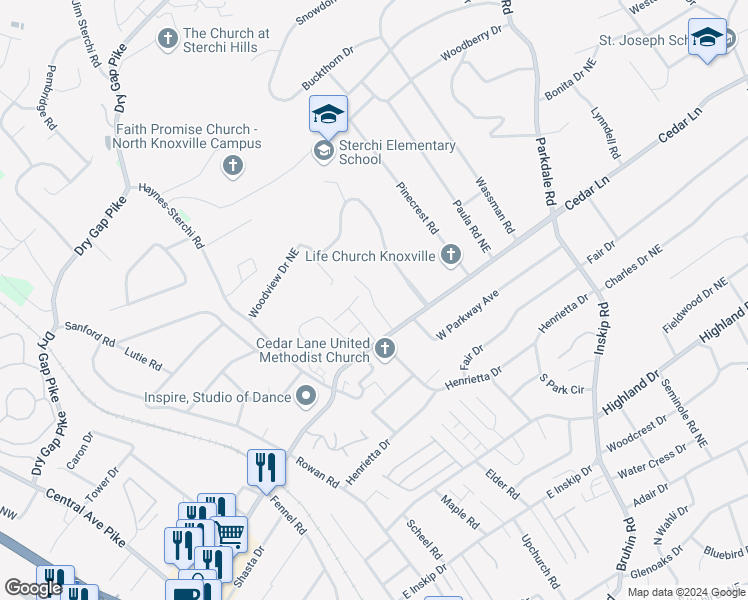 map of restaurants, bars, coffee shops, grocery stores, and more near 5321 Cedar Heights Road Northeast in Knoxville
