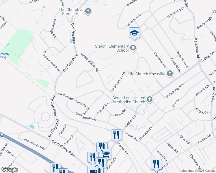 map of restaurants, bars, coffee shops, grocery stores, and more near 719 Sterchi Park Way in Knoxville