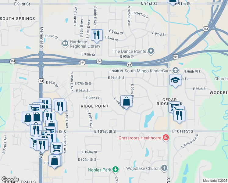 map of restaurants, bars, coffee shops, grocery stores, and more near 9624 East 53rd Place in Tulsa