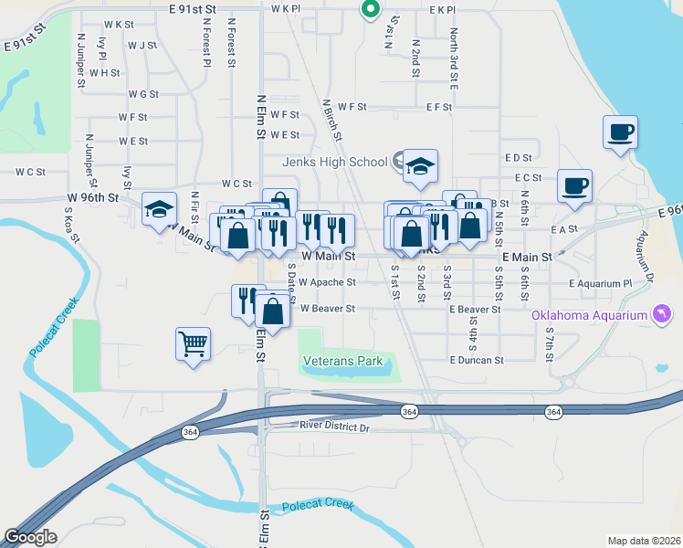map of restaurants, bars, coffee shops, grocery stores, and more near 202 West Main Street in Jenks