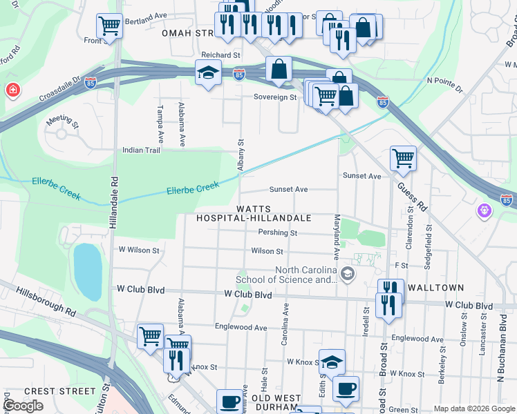 map of restaurants, bars, coffee shops, grocery stores, and more near 2125 Sunset Avenue in Durham