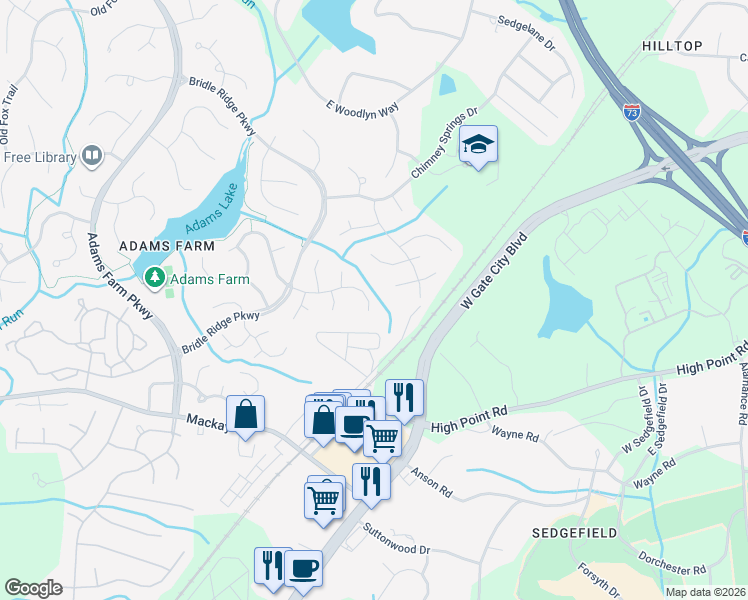 map of restaurants, bars, coffee shops, grocery stores, and more near 4912 Heritage Woods Court in Greensboro