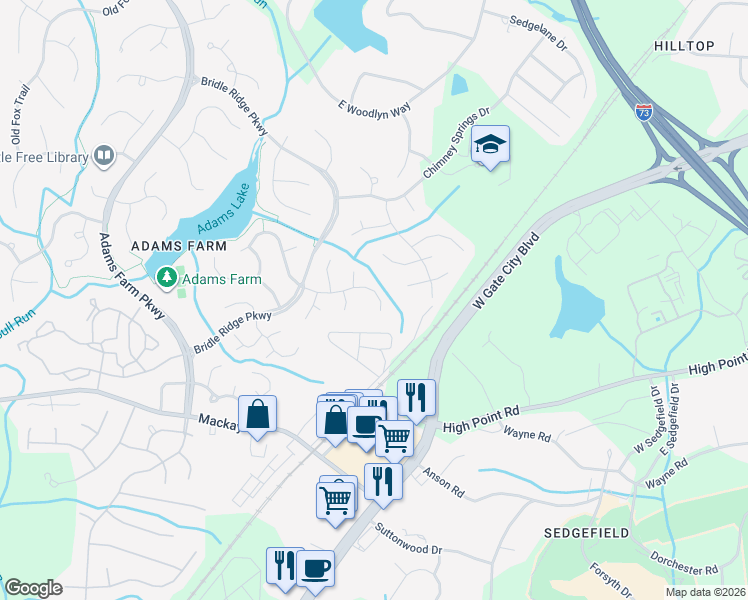 map of restaurants, bars, coffee shops, grocery stores, and more near 2 Whistling Oak Trail in Greensboro