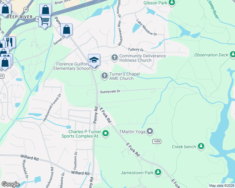 map of restaurants, bars, coffee shops, grocery stores, and more near 7538 Sunnyvale Drive in High Point