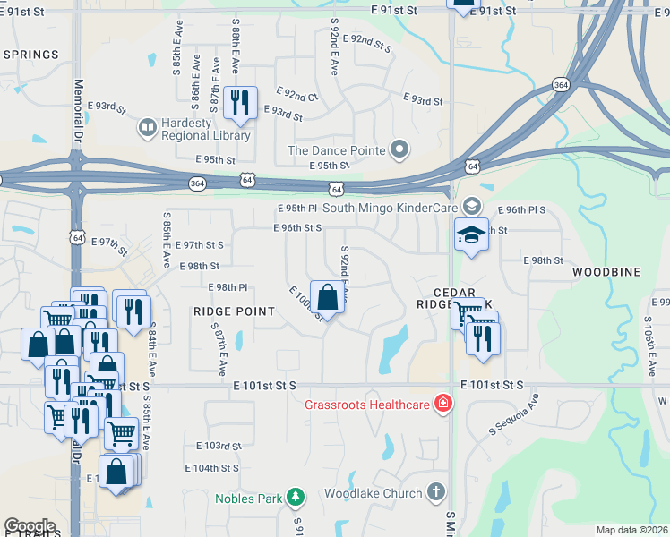map of restaurants, bars, coffee shops, grocery stores, and more near 9706 South 92nd East Avenue in Tulsa
