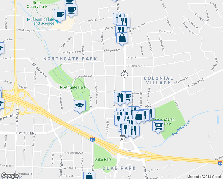 map of restaurants, bars, coffee shops, grocery stores, and more near 109 East Ellerbee Street in Durham
