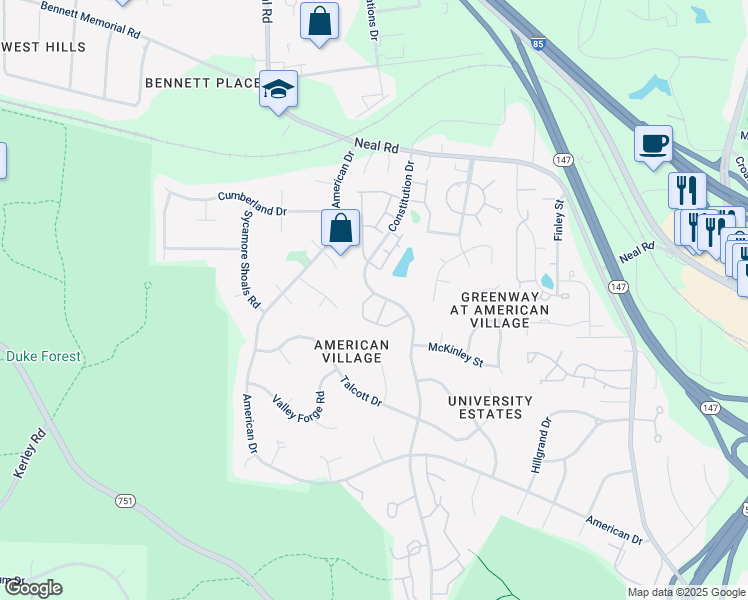 map of restaurants, bars, coffee shops, grocery stores, and more near 2 Intuition Circle in Durham