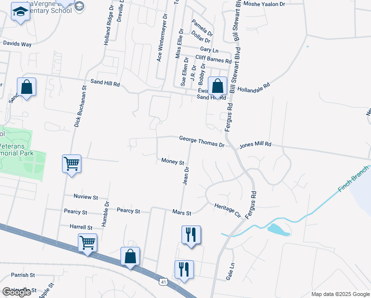 map of restaurants, bars, coffee shops, grocery stores, and more near 510 Jean Drive in La Vergne