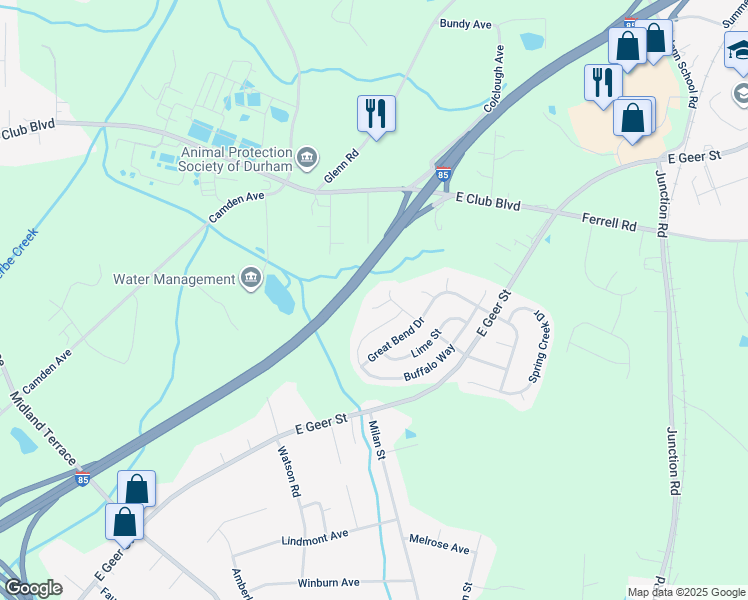 map of restaurants, bars, coffee shops, grocery stores, and more near 6 Frinton Place in Durham