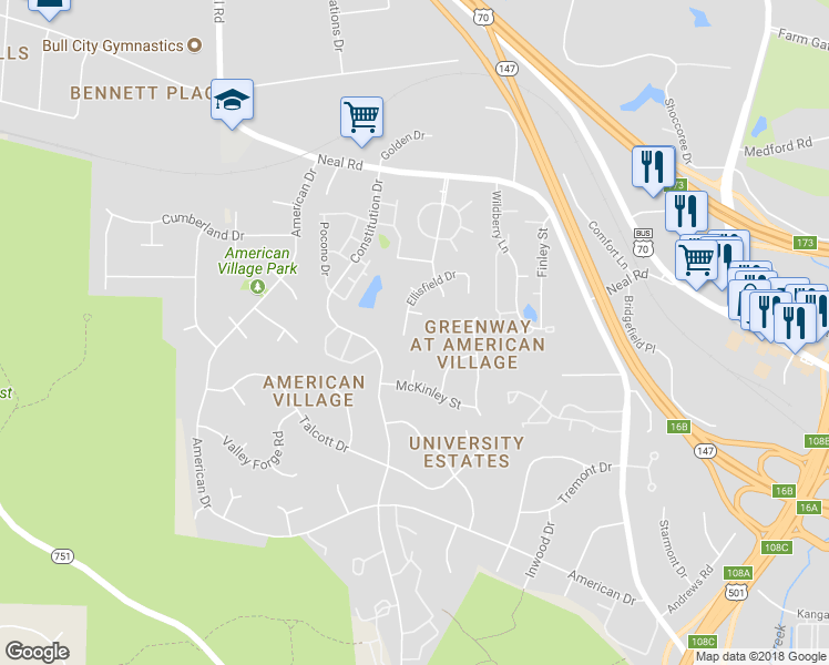 map of restaurants, bars, coffee shops, grocery stores, and more near 4217 Ellisfield Drive in Durham