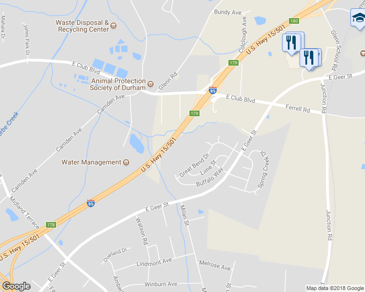 map of restaurants, bars, coffee shops, grocery stores, and more near 6 Frinton Place in Durham