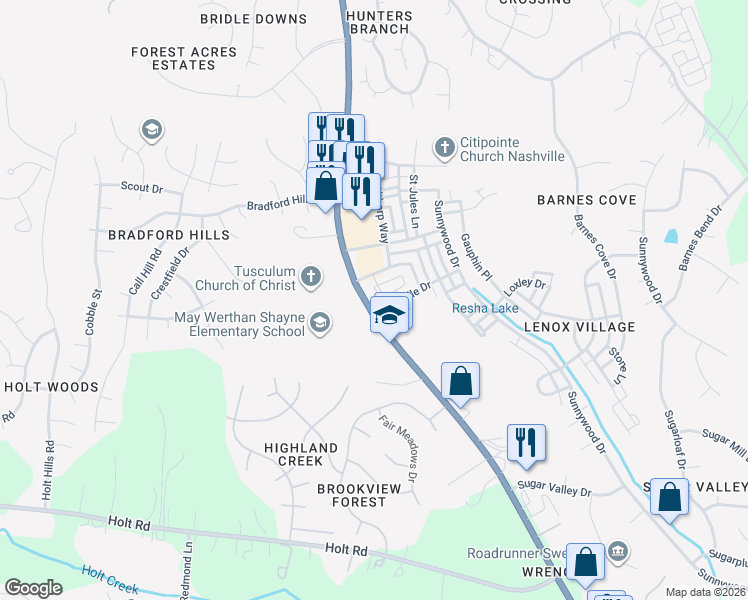 map of restaurants, bars, coffee shops, grocery stores, and more near 8044 Bienville Drive in Nashville