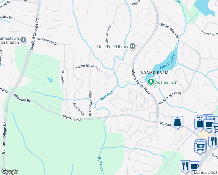 map of restaurants, bars, coffee shops, grocery stores, and more near 5706 Watercrest Drive in Greensboro