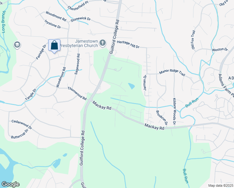 map of restaurants, bars, coffee shops, grocery stores, and more near 6308 Hickory Hollow Road in Jamestown