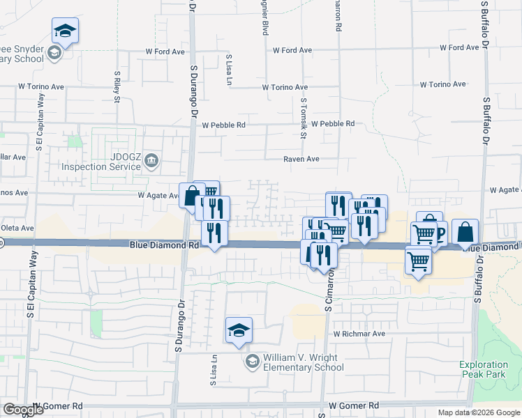 map of restaurants, bars, coffee shops, grocery stores, and more near 9150 White Rock Peak Street in Las Vegas