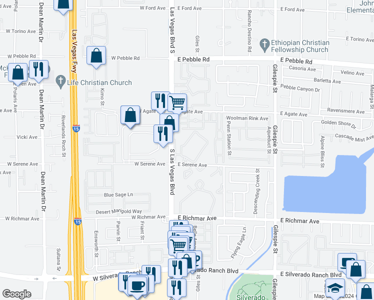 map of restaurants, bars, coffee shops, grocery stores, and more near 38 East Serene Avenue in Las Vegas