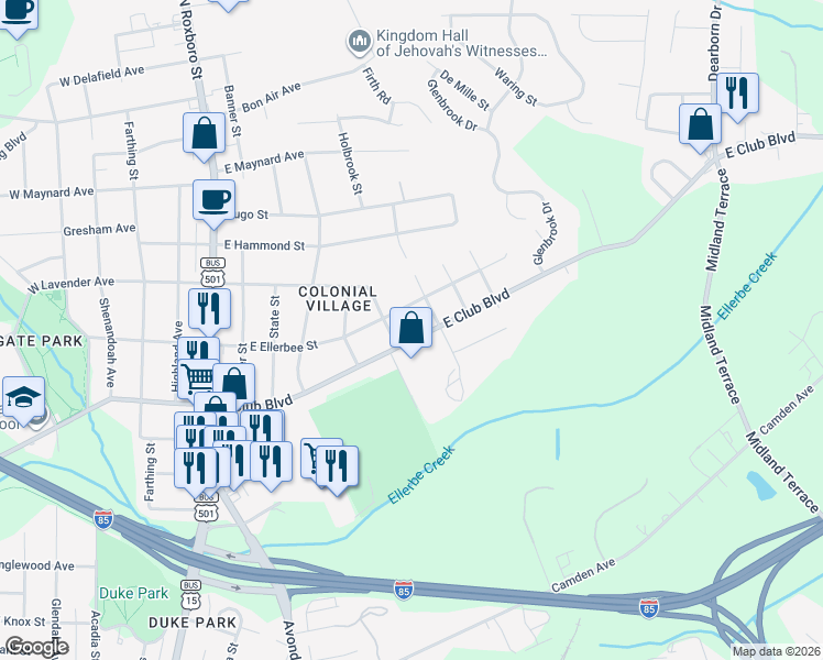 map of restaurants, bars, coffee shops, grocery stores, and more near 806 East Ellerbee Street in Durham
