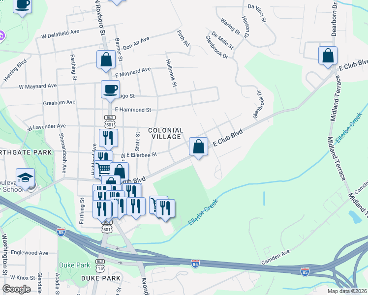 map of restaurants, bars, coffee shops, grocery stores, and more near 2501 Stephenson Street in Durham