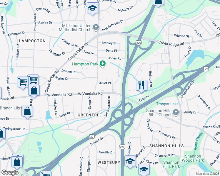 map of restaurants, bars, coffee shops, grocery stores, and more near 2307 Juliet Place in Greensboro