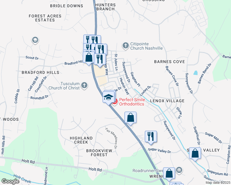 map of restaurants, bars, coffee shops, grocery stores, and more near 8047 Bienville Drive in Nashville